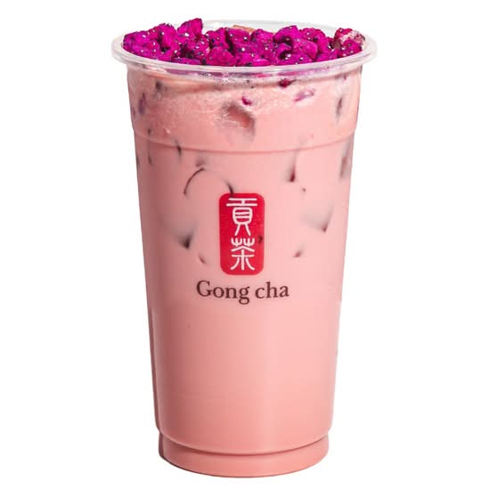 Dragon Fruit Mango Milk Tea with Fruit Crisps