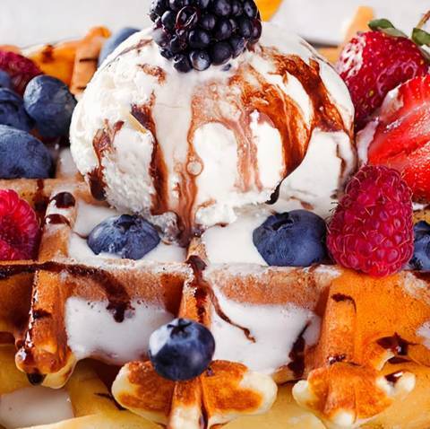 Belgian Waffle with Ice Cream and Fresh Berries