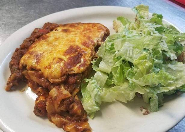 Lasagna with Caesar Salad and Garlic Bread