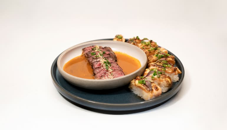 4oz Prime Sirloin + Aburi Salmon Press