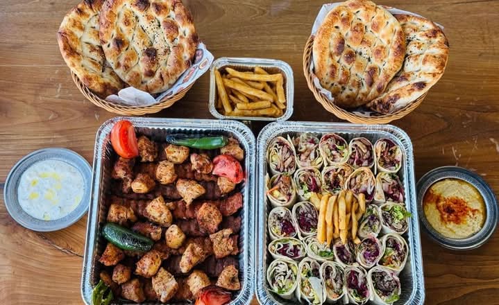 Sultan's Family Feast for 8 (4Chicken & 4Beef Adana, 4Chicken Shish, 3Chicken & 3Beef Doner Wraps, Humus, Cacik, Fries)