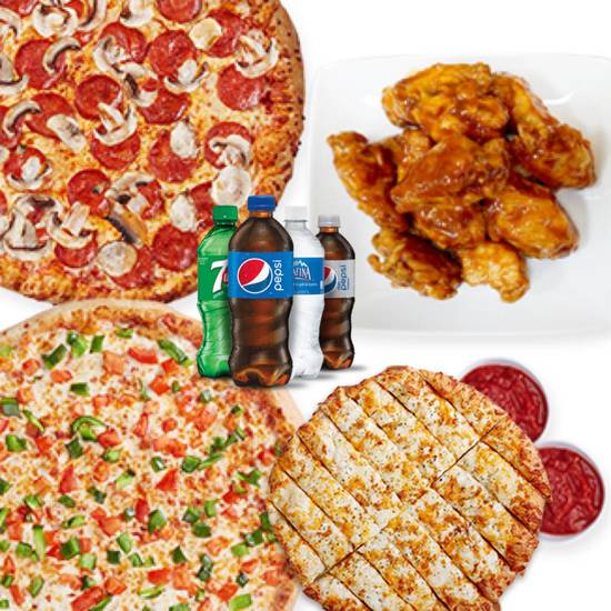Combo Three - Game Night: Two Large Three-Topping Pizza, Twenty Wings, Cheesy Bread Sticks, Two Dipping Sauces, and Four Bottles of Pop