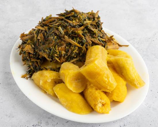 Boiled Green Plantain + Vegetable with Ugba