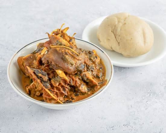 Nsala Soup + Goat Meat + Pounded Yam or Oatmeal or Garri