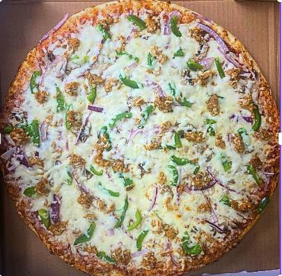 2 TANDOORI CHICKEN PIZZA with mushrooms, black olives and onions
