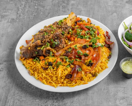 Bariis Dalac (Spiced Rice & Meat) Rice with Lamb Shank