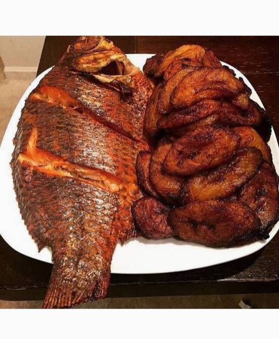 Fried Tilapia Fish with sauce+plantain