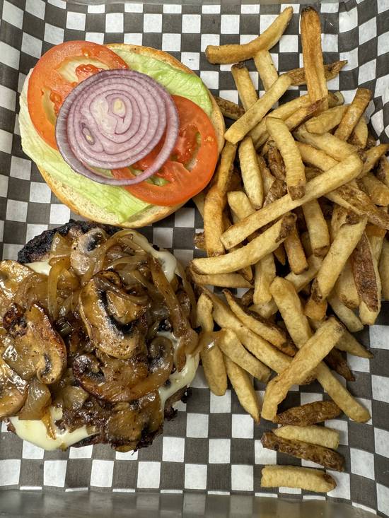 Swiss mushroom Burger with fries
