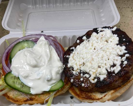 Greek  Burger (lettuce,tomato,onion,feta cheese,tzatziki sauce.
