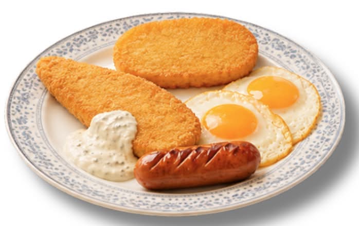 Fried Fish Fillet with Toast or Hash Browns and Sausage and Scrambled Egg (Set 1) 炸魚柳配多士或薯餅, 香腸及炒蛋 (套餐 1)