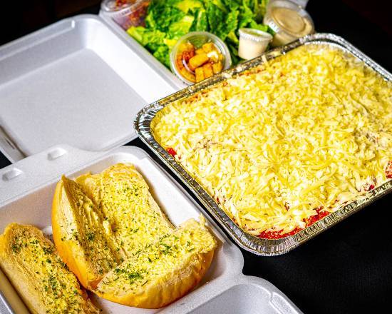 Tray of Lasagna, Garlic Bread, Caesar Salad