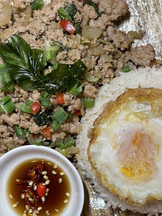 Ground pork Pad Kraprau with rice and fried egg