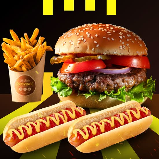 Fiesta 1 : Hamburger,  2 Hot Dog et Frites / Fiesta 1: Hamburger + Hot Dog + Fries