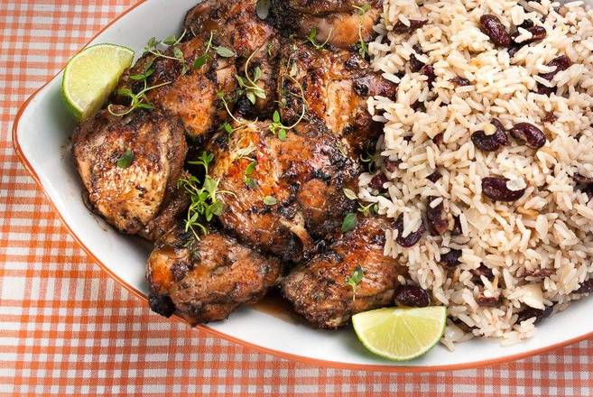 jerk chicken with  rice /peas/ coleslaw
