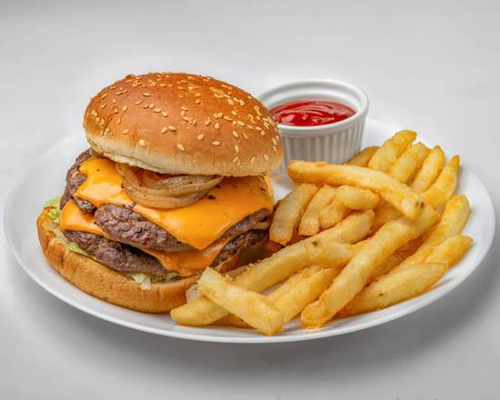 Raza Double Patty Beef Burger + Fries, Sauce & Soft Drinks