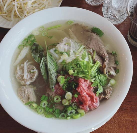 Noodle Soup with Rare Beef, Brisket Tripe, Tendon, and Beef Balls.