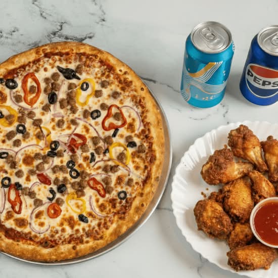Medium Pizza + 10 Ailes + 2 Boissons