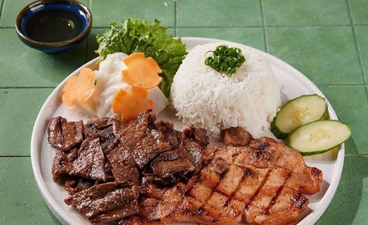 Grilled Pork Chop and Grilled Beef and Crab Cake on Rice