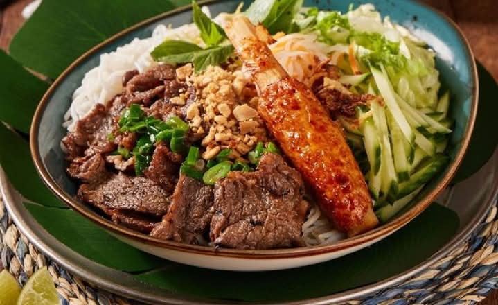 Grilled Beef and Shrimp on Sugar Cane on Vermicelli