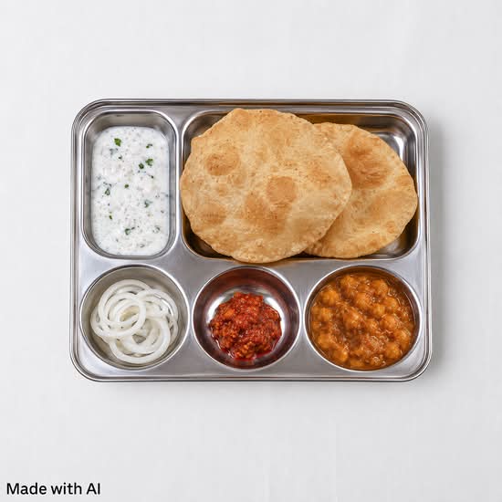 VEG- THALI(COMBO) INCLUDES ONE OF PANEER MAKHNI ,CHANA MASALA ACCOMPAINED BY RICE NAAN BREAD, SALAD, AND RAITA, FINISHED WITH DESSERT