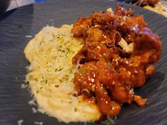 Dakgangjeong( Korean Fried Chicken) with Alfredo Pasta