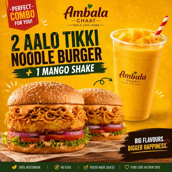 LIMITED TIME MEAL -  2 Aalo Tikki Noodle Burgers + Mango Shake