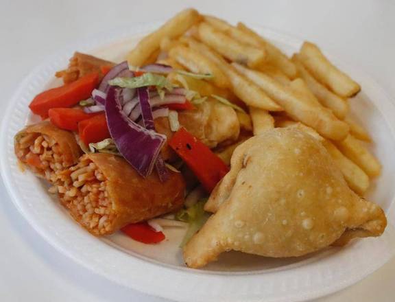 Samosa, Spring Roll, Fries, Salad and Soft drink