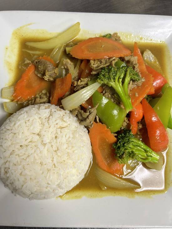 91A. Beef Stir-Fry with Curry Sauce Served with Rice