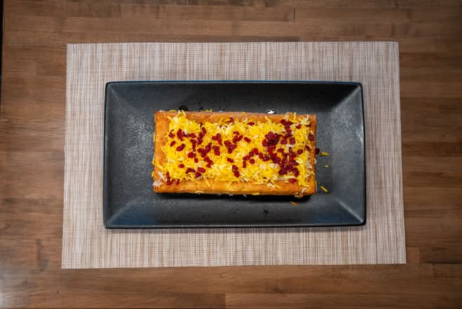 Persian Saffron Rice Cake with Lamb Beef & Eggplant (ته چین گوشت و بادمجان)