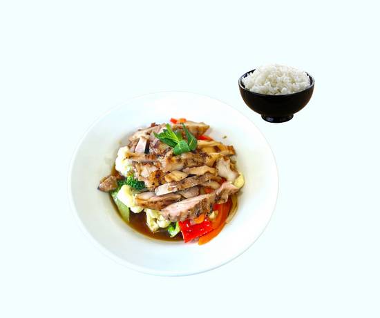 Poulet saute avec legumes et riz blanc