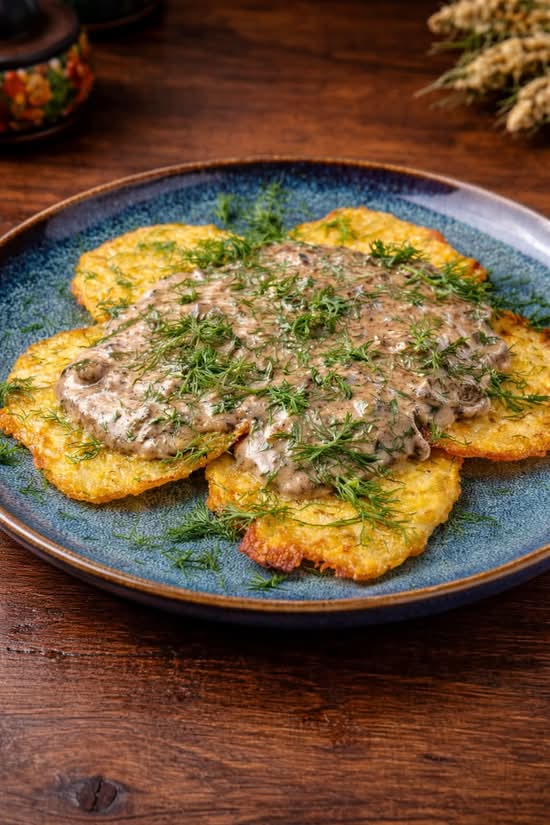 Potato Pancakes with Mushrooms in Creamy Sauce