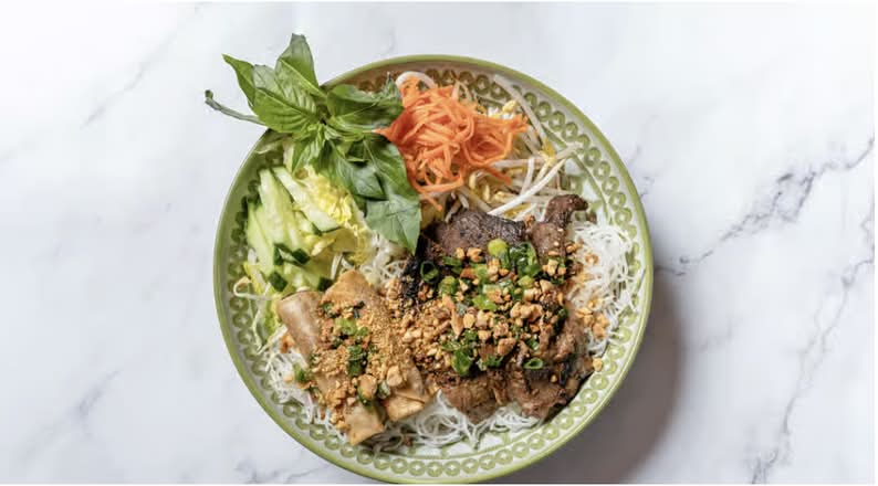 Grilled Pork and Spring Roll on Vermicelli