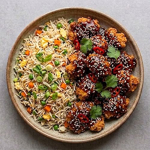 Sesame Chicken with Fried Rice / Poulet au sésame avec riz frit