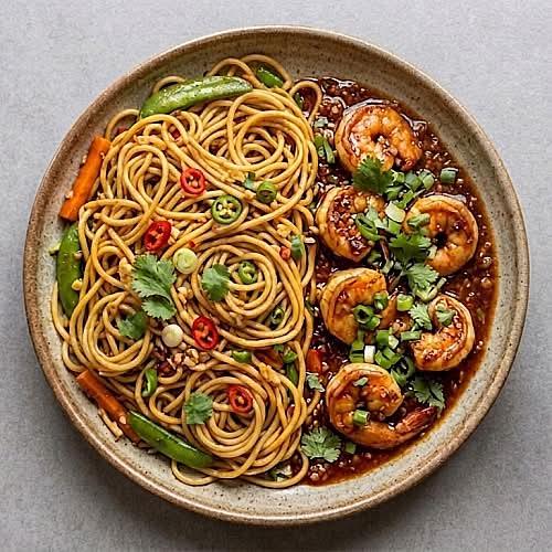 Chilli Garlic Prawn with Noodles / Crevettes piment-ail avec nouilles