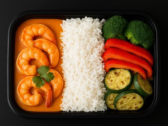 Butter Shrimp with Steamed Rice and Vegetables  / Crevettes au beurre avec riz et légumes vapeur