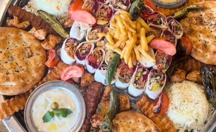 Sultan's Family Feast for 8 (4Chicken & 4Beef Adana, 4Chicken Shish, 3Chicken & 3Beef Doner Wraps, Humus, Cacik, Fries)