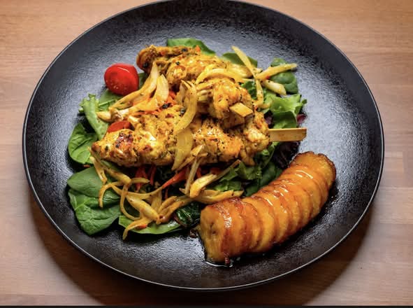 Chicken, Beef or Lamb Kebabs with Plantain and Salad