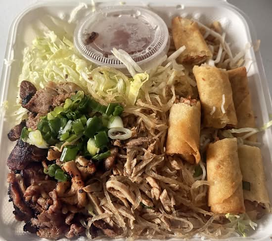 83-Shredded Pork, Grilled Pork, & Spring Rolls on Rice Vermicelli (Bún bì,thịt nướng,chả giò)