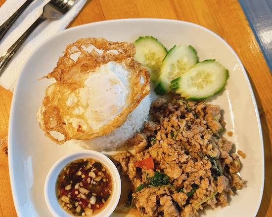 SIG3. Gaprow Gai Kai Dao Rad Khao (Spicy Thai Basil Chicken)
