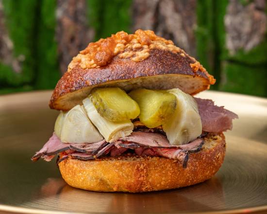 Pastrami,  Pickle, Mustard on Sourdough Bagel