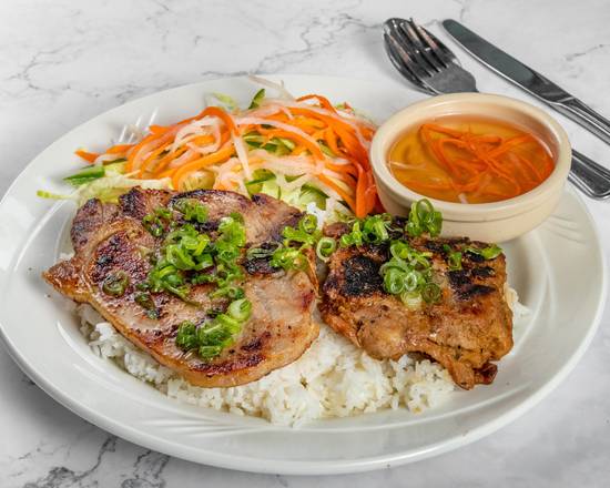 56. Grilled Lemon Grass Chicken & Pork Chop with Steamed Rice (Cơm Sườn, Gà Nướng Sả)