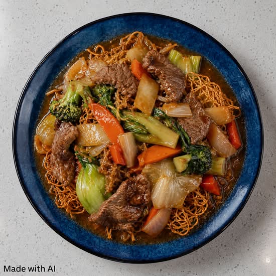 604. Beef & Vegetable with Crispy Fried Egg Noodle / Mì Xào Giòn Bò Rau Cải