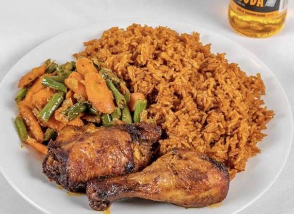 Jollof Rice, Baked Chicken and Fried Plantain Meal