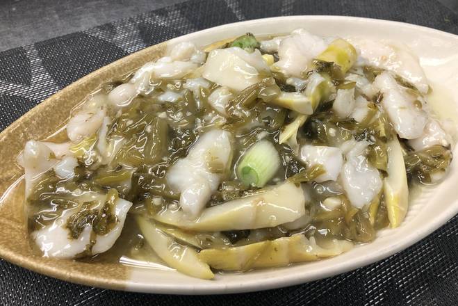 94. Sautéed Sliced Fish with Preserved Vegetable, Bamboo Shoots and Green Soy Bean 雪菜冬筍毛豆魚片