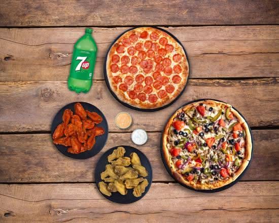 2 X-Large Pizzas with 3-Toppings Each + 45 Wings + 2 Dipping Sauces + 2L Pop