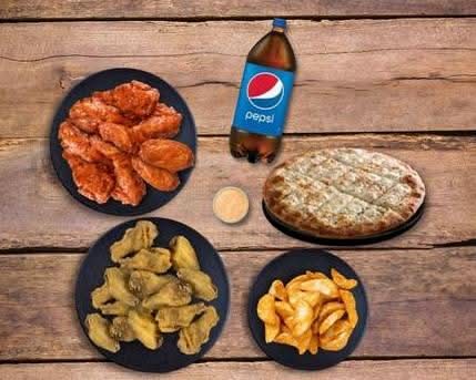 45 Wings, Large Garlic Finger, Potato Wedges, 2L Pop