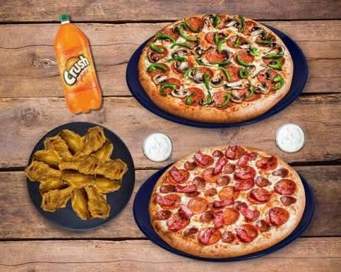 2 Large Pizzas with 3-Toppings Each + 30 Wings + 2 Dipping Sauces + 2L Pop
