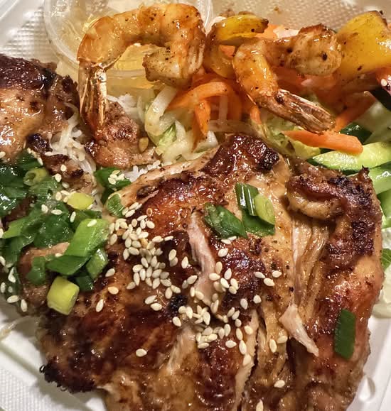 71. Veggie Marinated Prawns and Grilled Lemongrass Chicken (Bun tom ga nuong)