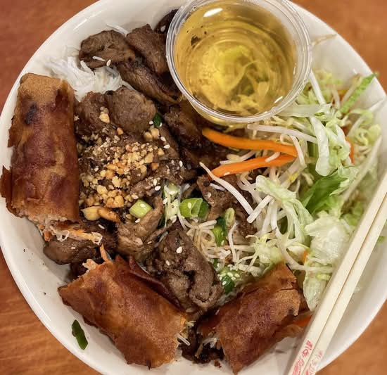 74. Veggie Marinate Grilled Lemongrass Pork Slices and One Fried Roll (Bun thit nuong cha gio)