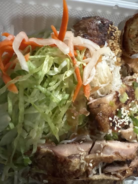73. Veggie Marinate Grilled Lemongrass Chicken and One Fried Roll (Bun ga nuong, cha gio)